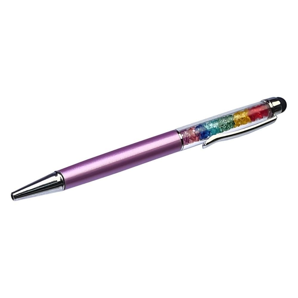 Стилус емкостный, с шариковой ручкой, металлический, розовый, с кристаллами цветов радуги