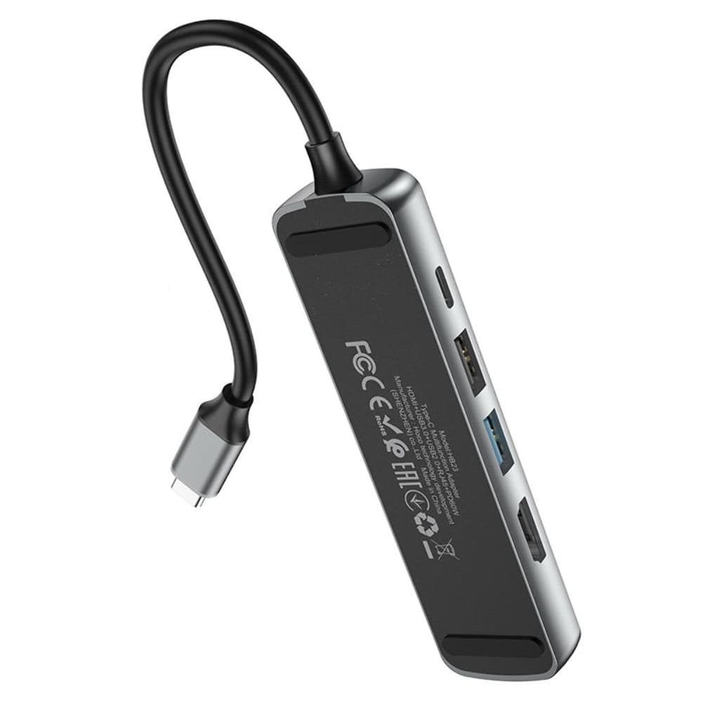 Мультиадаптер хаб Hoco HB23, 5 в 1, Type-C на USB 3.0 (F)/ USB 2.0 (F)/ HDMI (F)/ Type-C (F)/ RJ45 (F), Power Delivery (60 Вт), 13 см