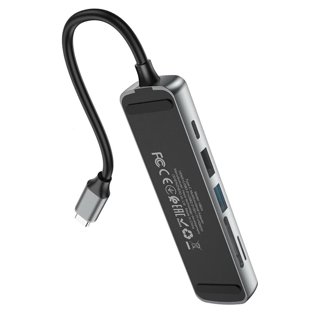 Мультиадаптер хаб Hoco HB24, 6 в 1, Type-C на USB 3.0 (F)/ USB 2.0 (F)/ HDMI (F)/ Type-C (F)/ SD/ TF Power Delivery (60 Вт) 0.135m
