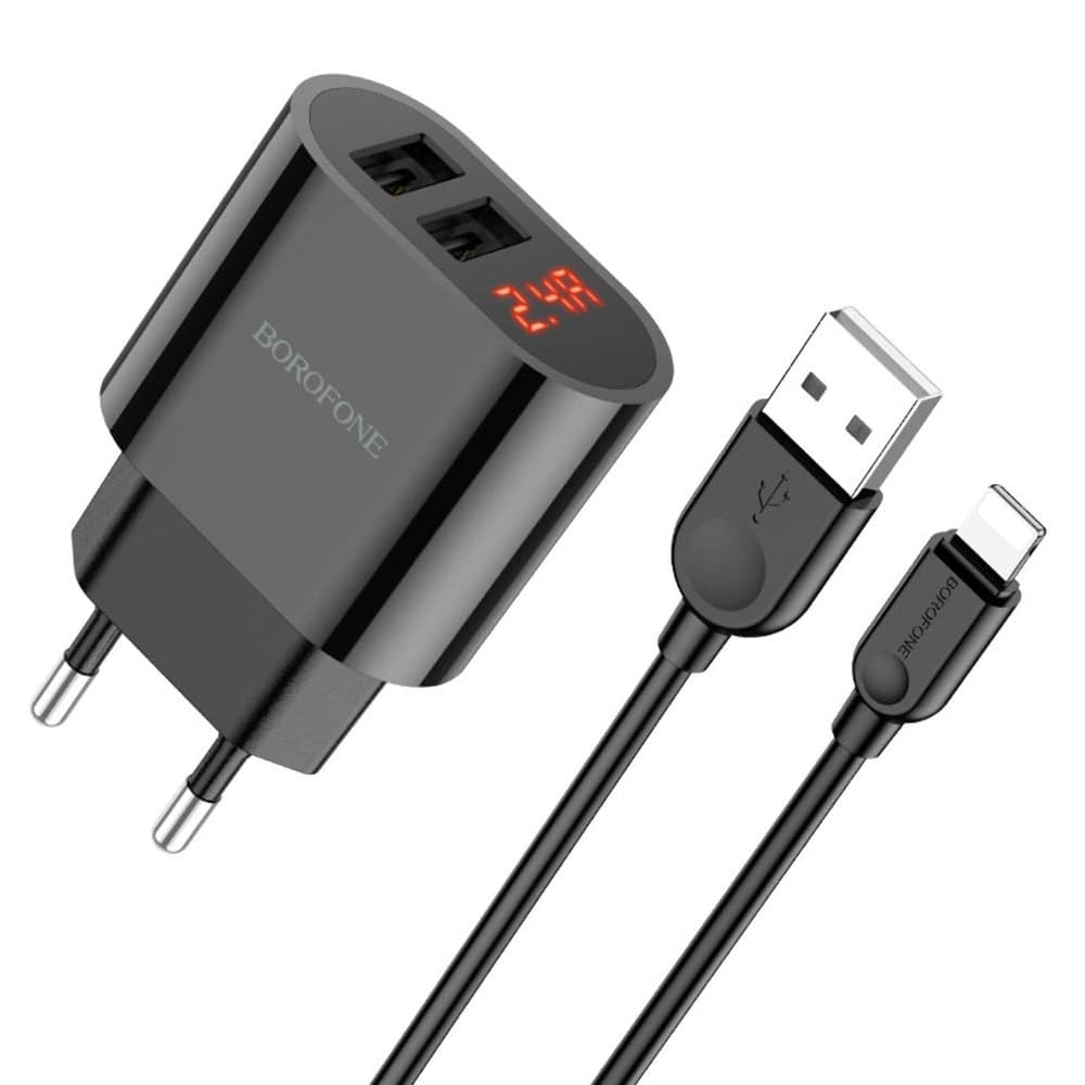 Сетевое зарядное устройство Borofone BA63A, 2 USB, Lightning, с дисплеем, черное
