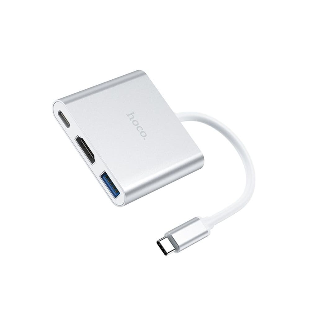 Мультиадаптер Hoco HB14, 3 в 1, Type-C - USB 3.0 (F), HDMI (F), Type-C (F), Power Delivery (60 Вт), 10 см, серебристый | USB-хаб