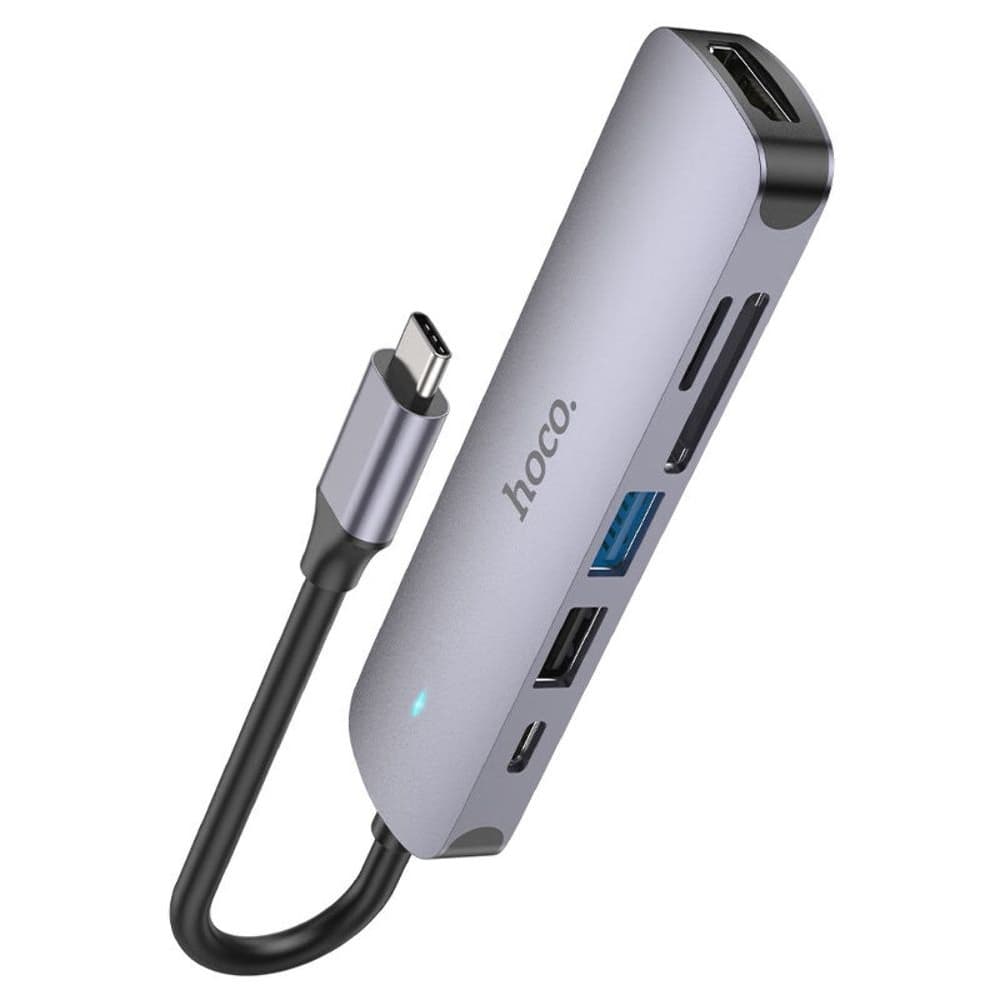 Мультиадаптер хаб Hoco HB28, 6 в 1, Type-C на USB 3.0 (F)/ USB 2.0 (F)/ HDMI (F)/ Type-C (F)/ SD/ TF, Power Delivery (60 Вт), 13 см, серебристый
