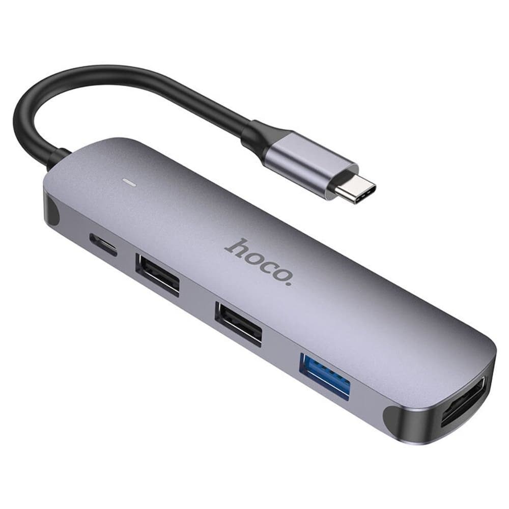 Мультиадаптер Hoco HB27, Type-C - USB 3.0 (F), 2 USB 2.0 (F), HDMI (F), Type-C (F), Power Delivery (60 Вт), 13 см, серебристый | USB-хаб