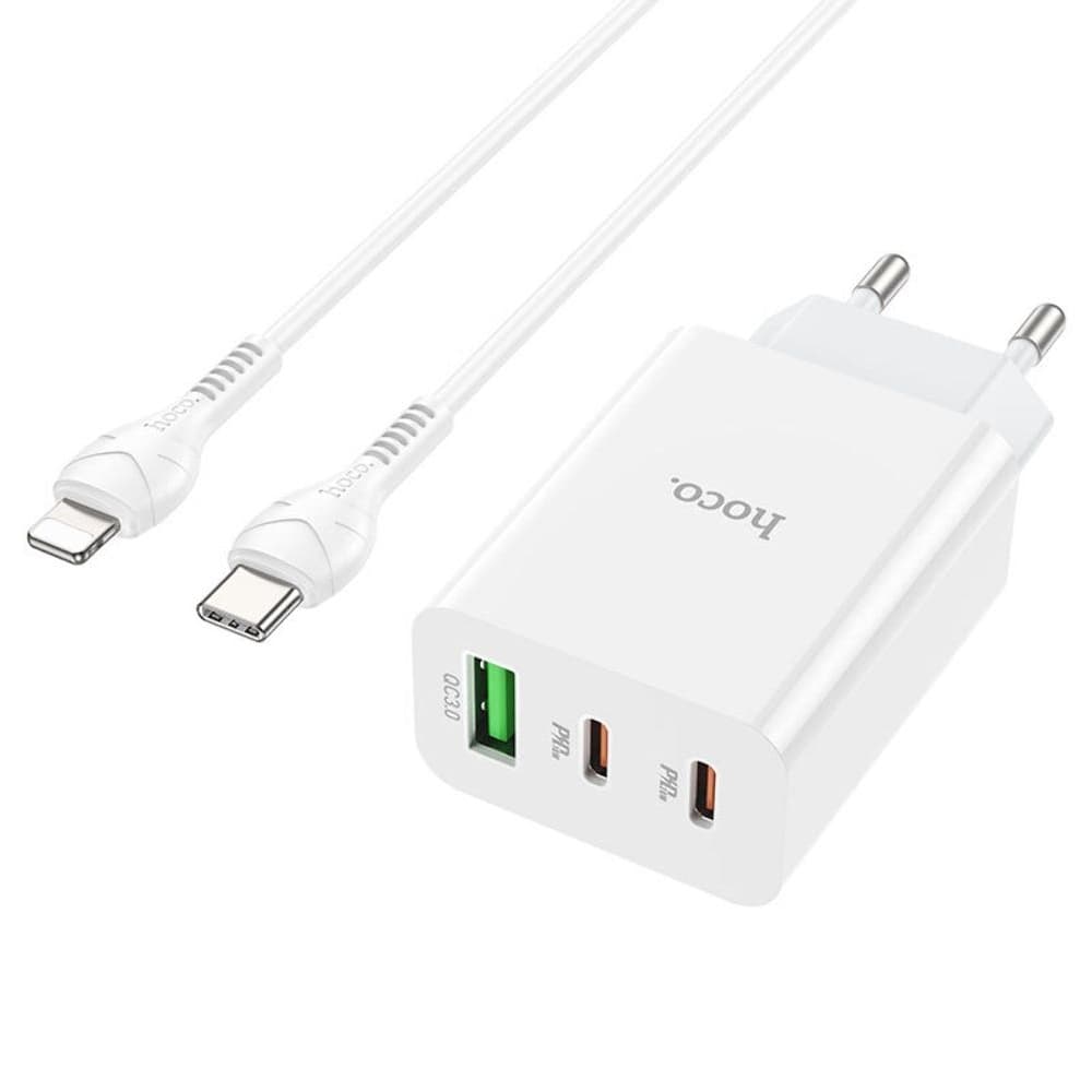Сетевое зарядное устройство Hoco C99A, 1 USB, 2 USB Type-C, QC 3.0, Power Delivery (20 Вт), Type-C на Lightning, белое