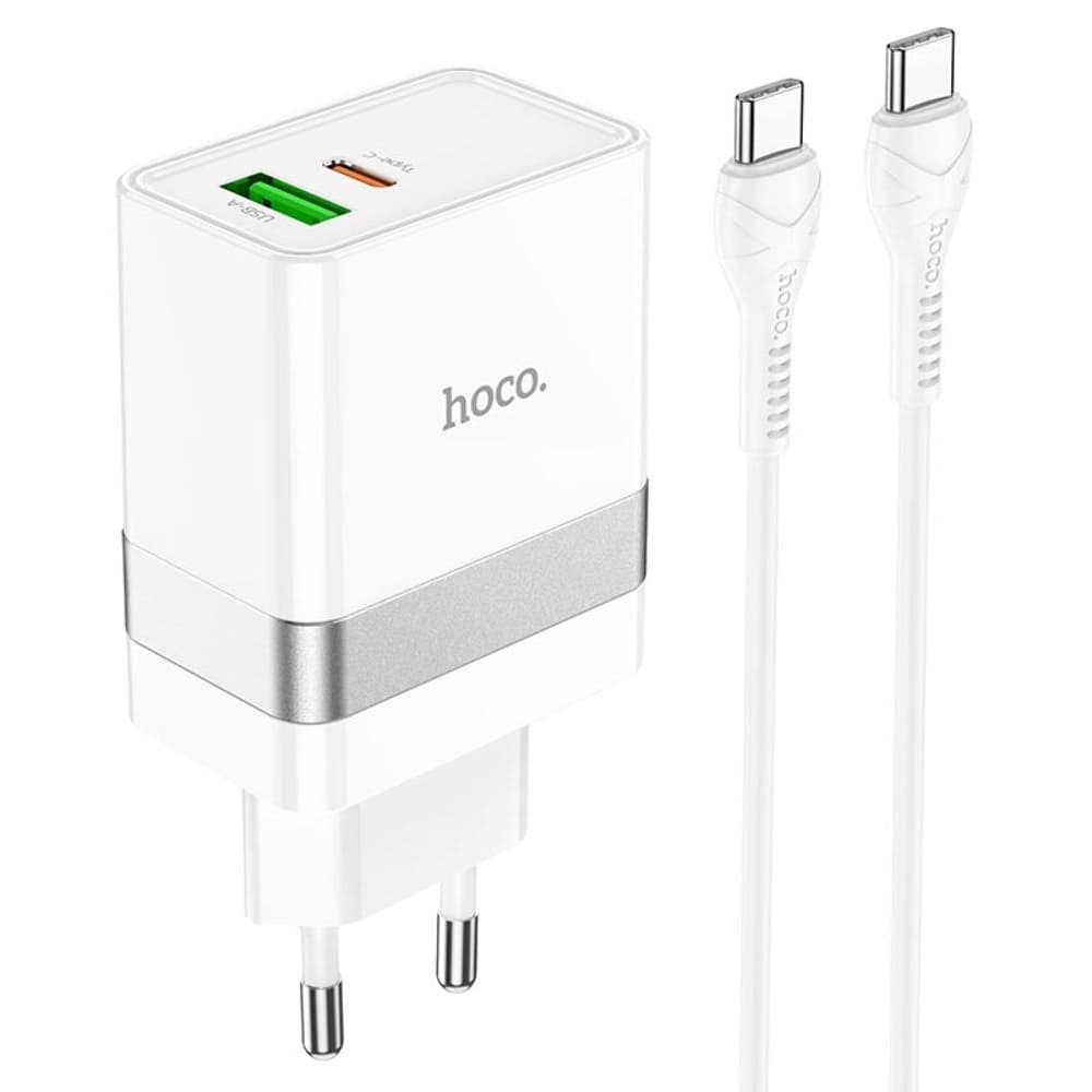 Сетевое зарядное устройство Hoco N21, 1 USB, 1 USB Type-C, Power Delivery, 30 Вт, Quick Charge 3.0, Type-C на Type-C, белое