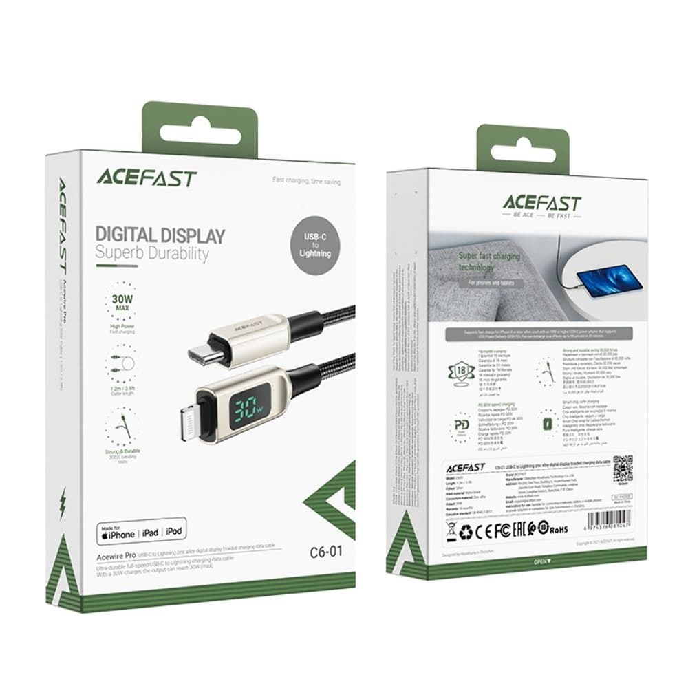 USB-кабель Acefast C6-01, Type-C на Lightning, Power Delivery (30 Вт), 120 см, с дисплеем, серебристый