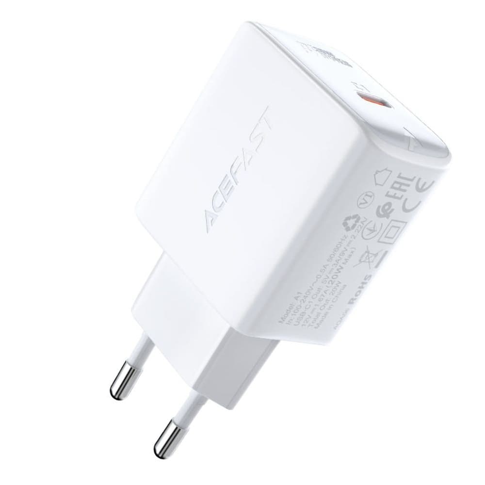 Сетевое зарядное устройство Acefast A1, 1 Type-C, 3.0 А, Power Delivery (20 Вт), Quick Charge, белое