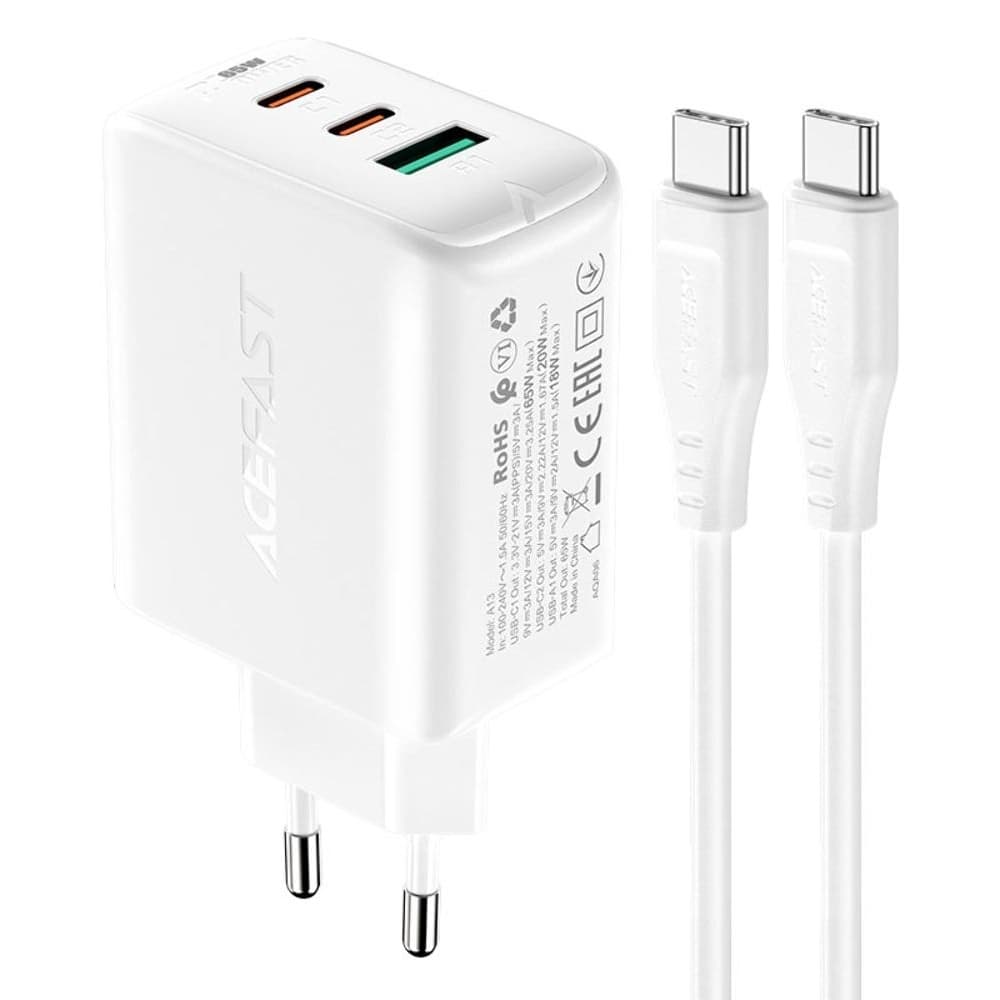 Сетевое зарядное устройство Acefast A13, 1 USB, 2 Type-C, 3.25 А, Power Delivery (65 Вт), Quick Charge, c кабелем Type-C на Type-C, 100 см, белое