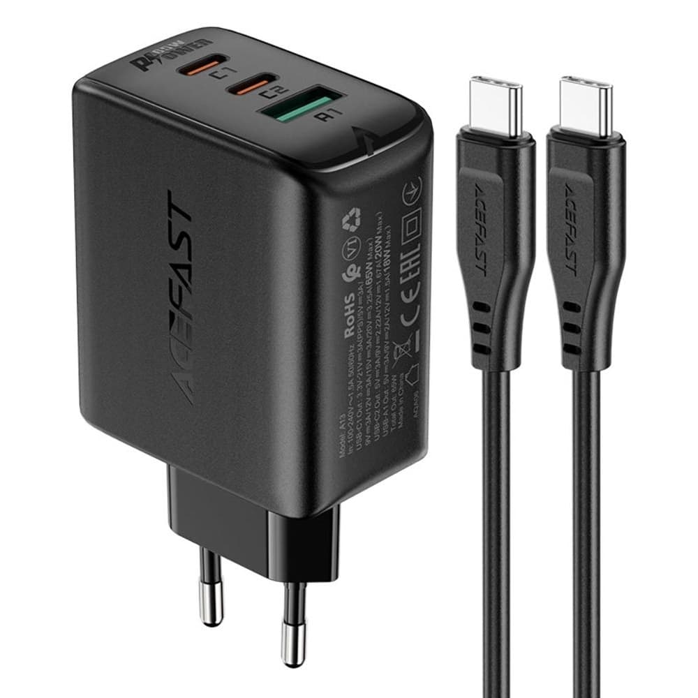 Сетевое зарядное устройство Acefast A13, 1 USB, 2 Type-C, 3.25 А, Power Delivery (65 Вт), Quick Charge, c кабелем Type-C на Type-C, 100 см, черное
