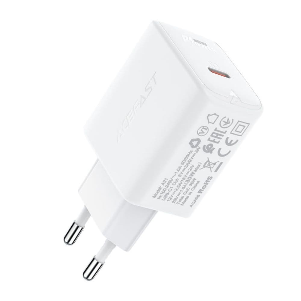Сетевое зарядное устройство Acefast A21, 1 Type-C, 3.0 А, 30 Вт, Power Delivery, Quick Charge, белое