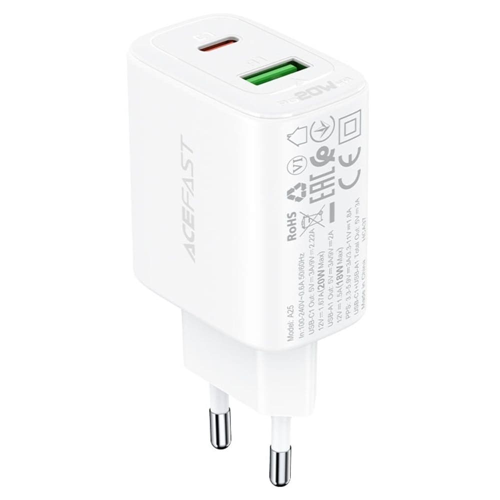 Сетевое зарядное устройство Acefast A25, 1 USB, 1 Type-C, 3.0 А, Power Delivery (20 Вт), Quick Charge, белое