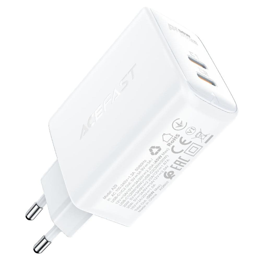 Сетевое зарядное устройство Acefast A29, 2 Type-C, 3.0 А, 50 Вт, Power Delivery, Quick Charge, белое
