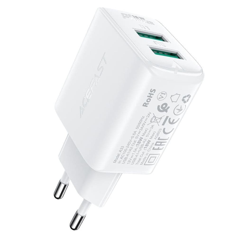Сетевое зарядное устройство Acefast A33, 2 USB, 3.0 А, 18 Вт, Quick Charge, белое