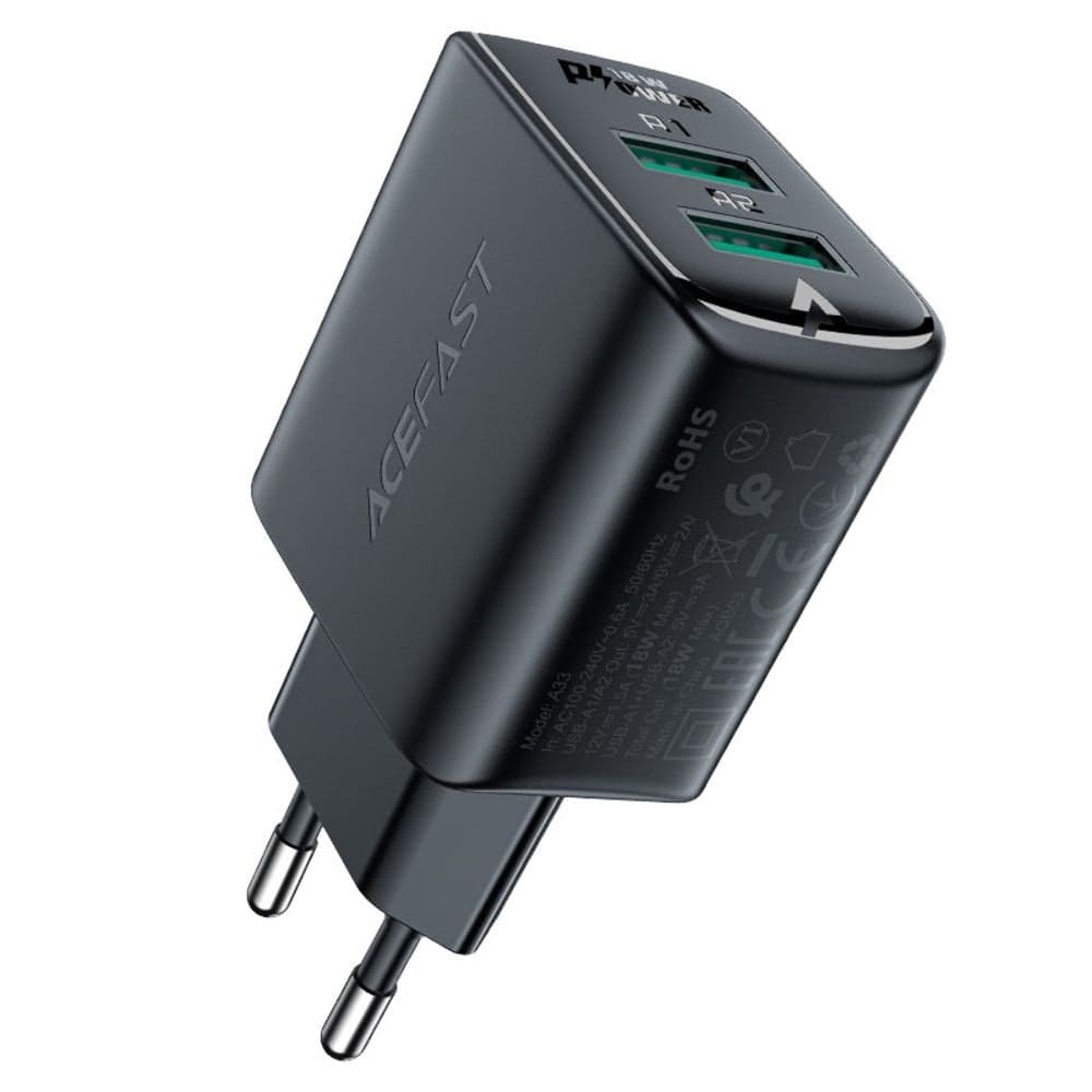 Сетевое зарядное устройство Acefast A33, 2 USB, 3.0 А, 18 Вт, Quick Charge, черное