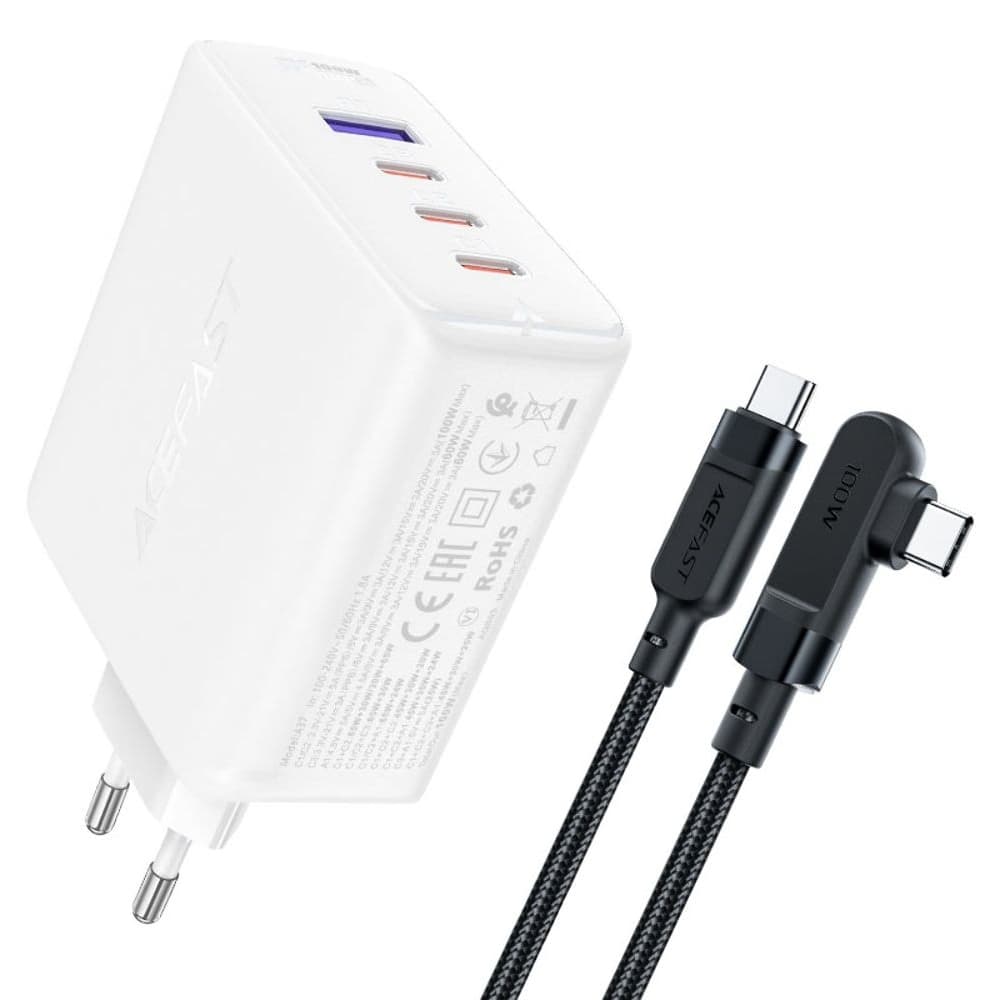 Сетевое зарядное устройство Acefast A37, 1 USB, 3 Type-C, 5 А, Power Delivery (100 Вт), Quick Charge, c кабелем Type-C на Type-C, 200 см, белое