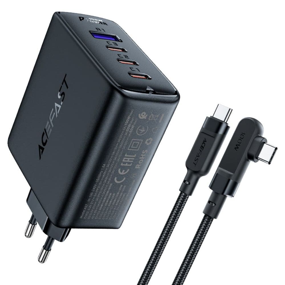Сетевое зарядное устройство Acefast A37, 1 USB, 3 Type-C, 5 А, Power Delivery (100 Вт), Quick Charge, c кабелем Type-C на Type-C, 200 см, черное