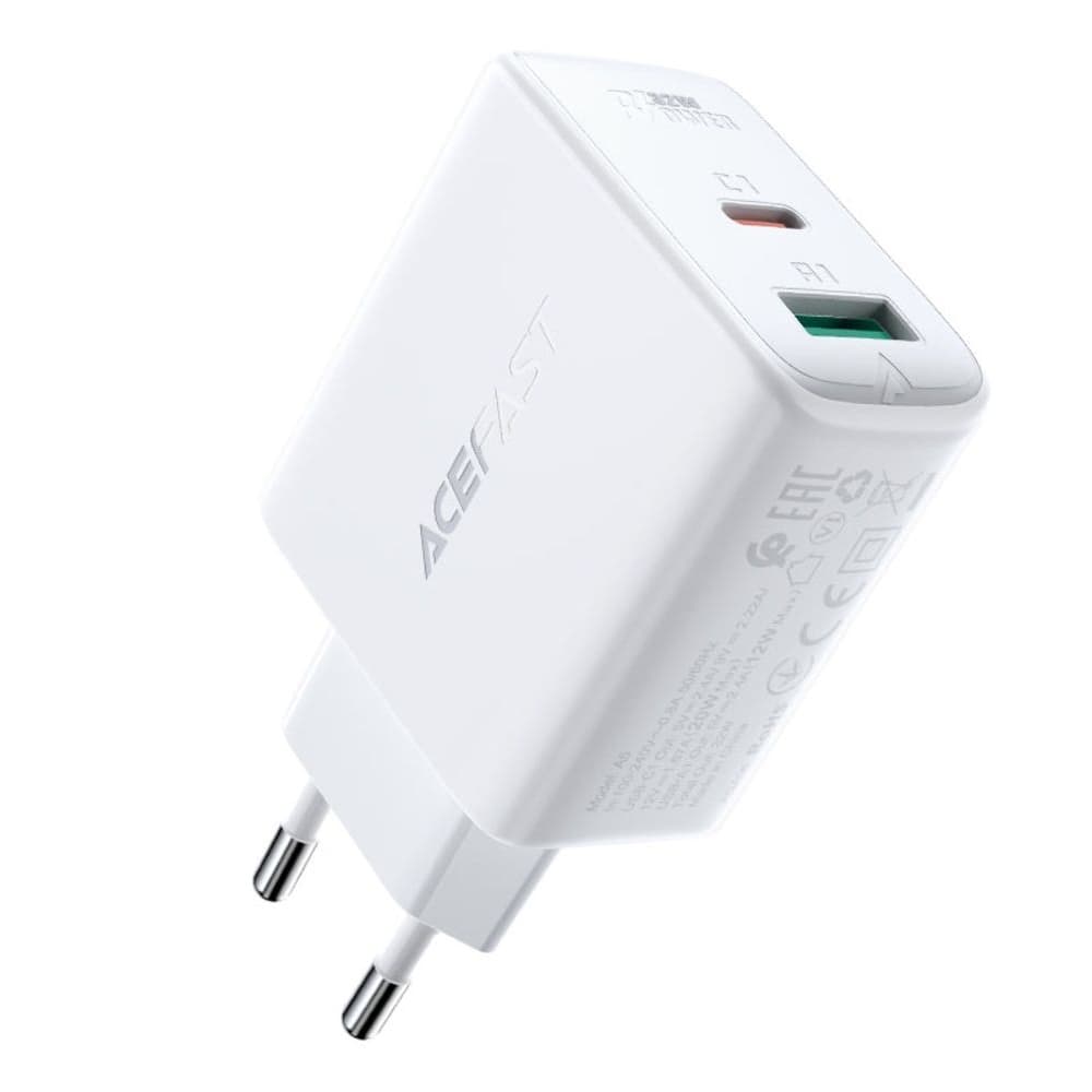 Сетевое зарядное устройство Acefast A5, 1 USB, 1 Type-C, 2.4 А, Power Delivery (32 Вт), Quick Charge, белое
