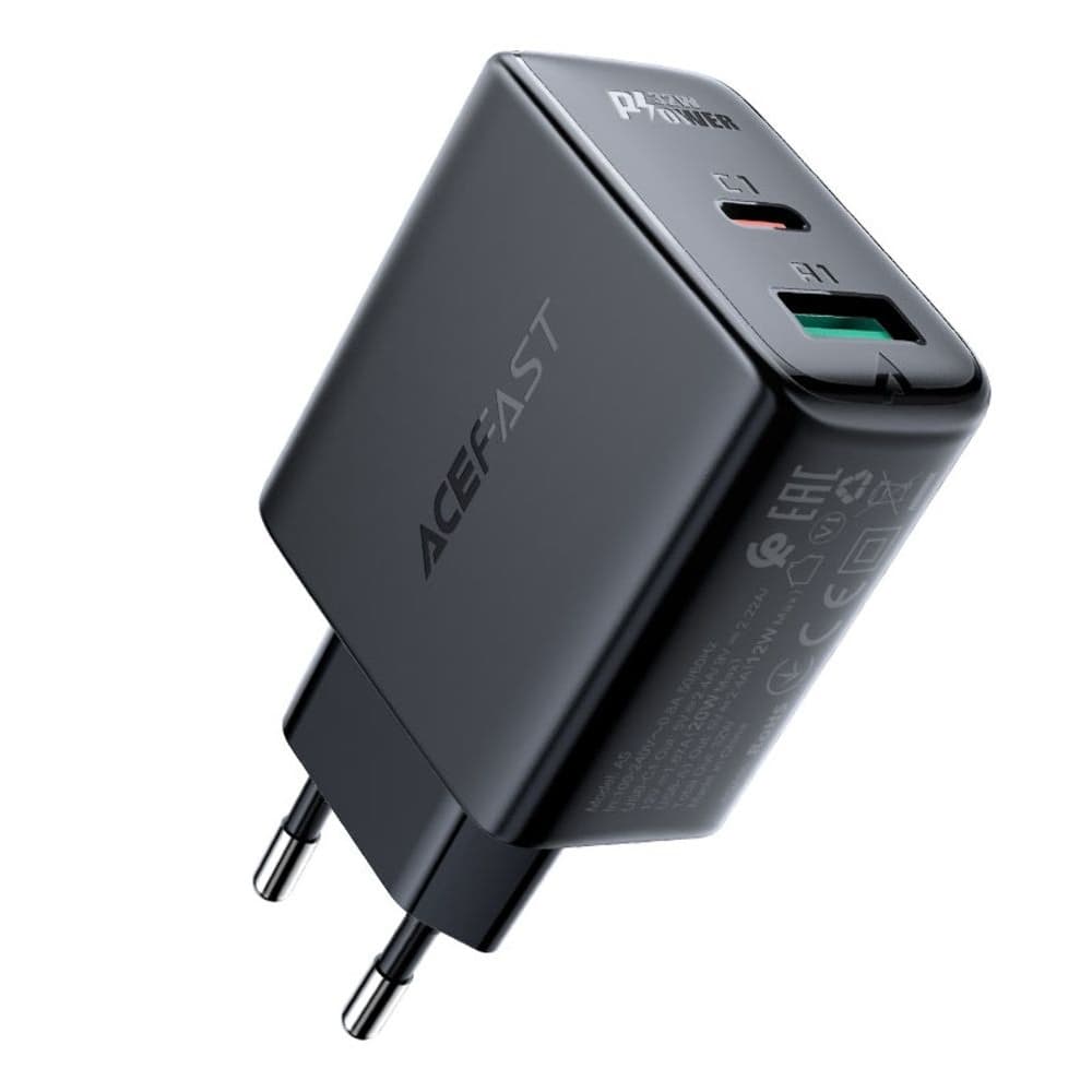 Сетевое зарядное устройство Acefast A5, 1 USB, 1 Type-C, 2.4 А, Power Delivery (32 Вт), Quick Charge, черное
