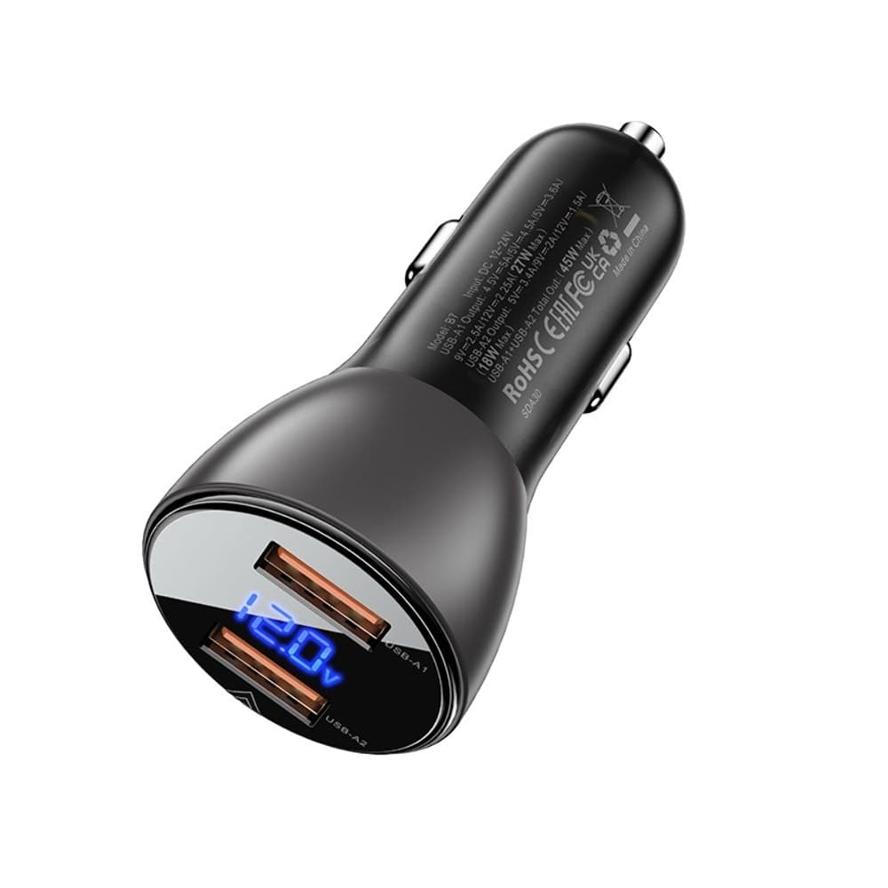 Автомобильное зарядное устройство Acefast B7, 2 USB, 5 А, 45 Вт, Quick Charge, c дисплеем, черное