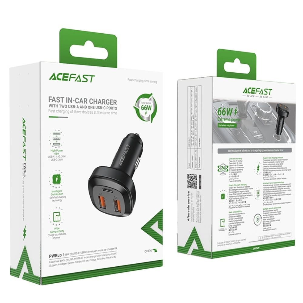 Автомобильное зарядное устройство Acefast B9, 2 USB, 1 Type-C, 5 А, 66 Вт, Power Delivery, Quick Charge, черное