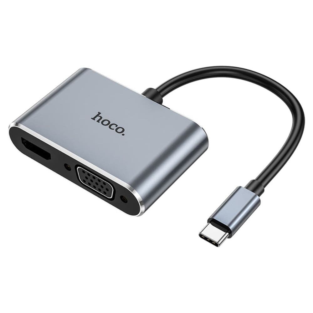 Мультиадаптер хаб Hoco HB30, 4 в 1, Type-C на USB 3.0 (F)/ VGA (F)/ Type-C (F), Power Delivery (100 Вт), 15 см, сірий