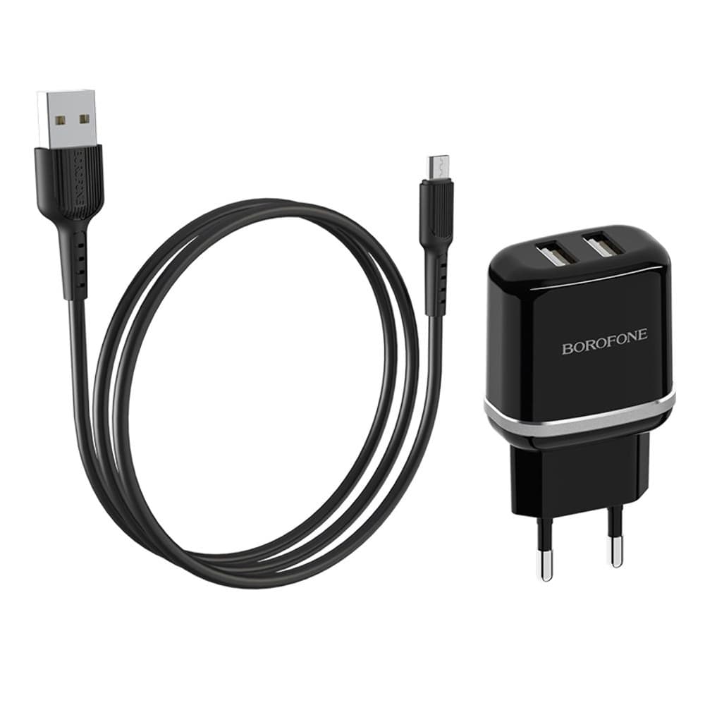 Сетевое зарядное устройство Borofone BA25A, 2 USB, 2.4 А, с кабелем Micro-USB, черное