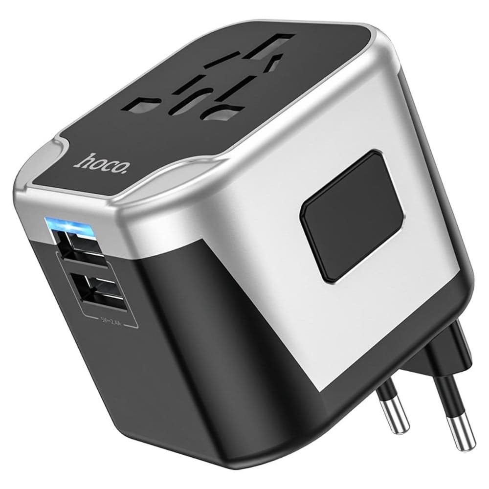 Сетевое зарядное устройство переходник Hoco AC5, 2 USB, 1 розетка (EU, US, UK, AUS), черное