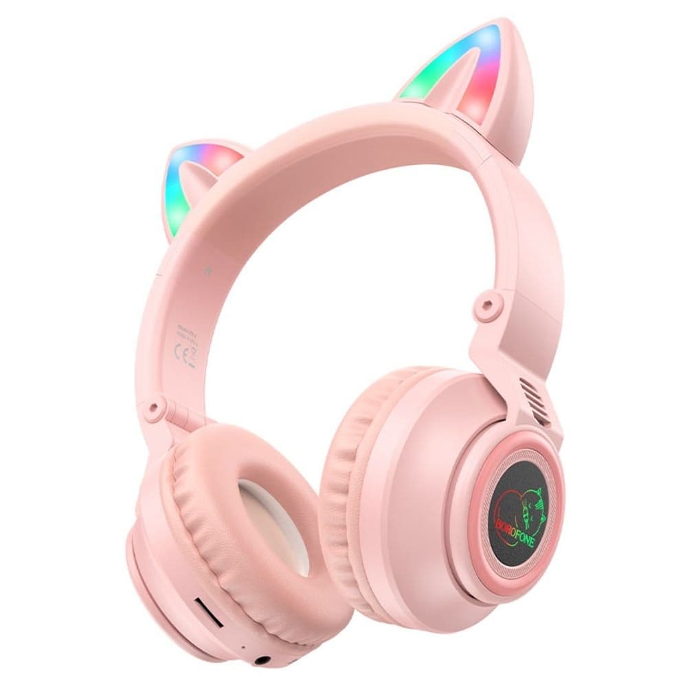 Беспроводные накладные наушники Borofone BO18 Cat ear, уши кошки, розовые