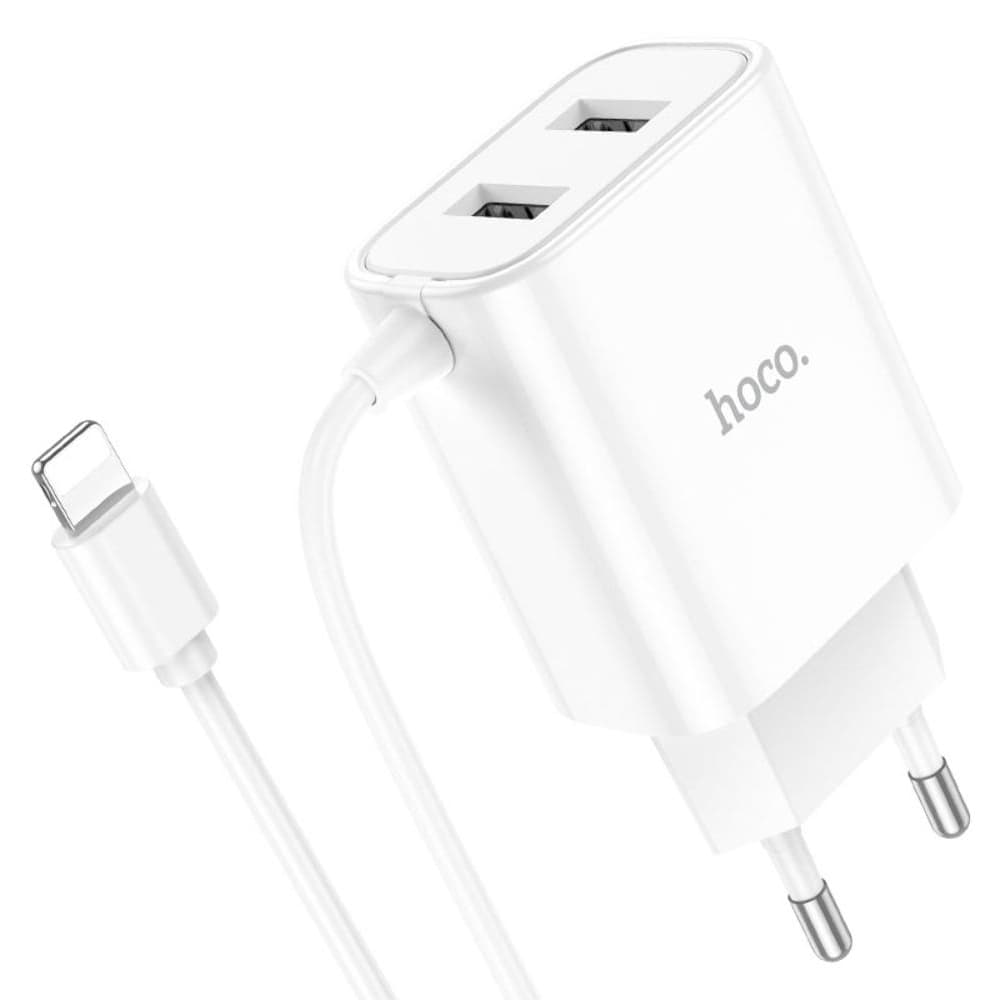 Сетевое зарядное устройство Hoco C103A, 2 USB, с кабелем Lightning, белое