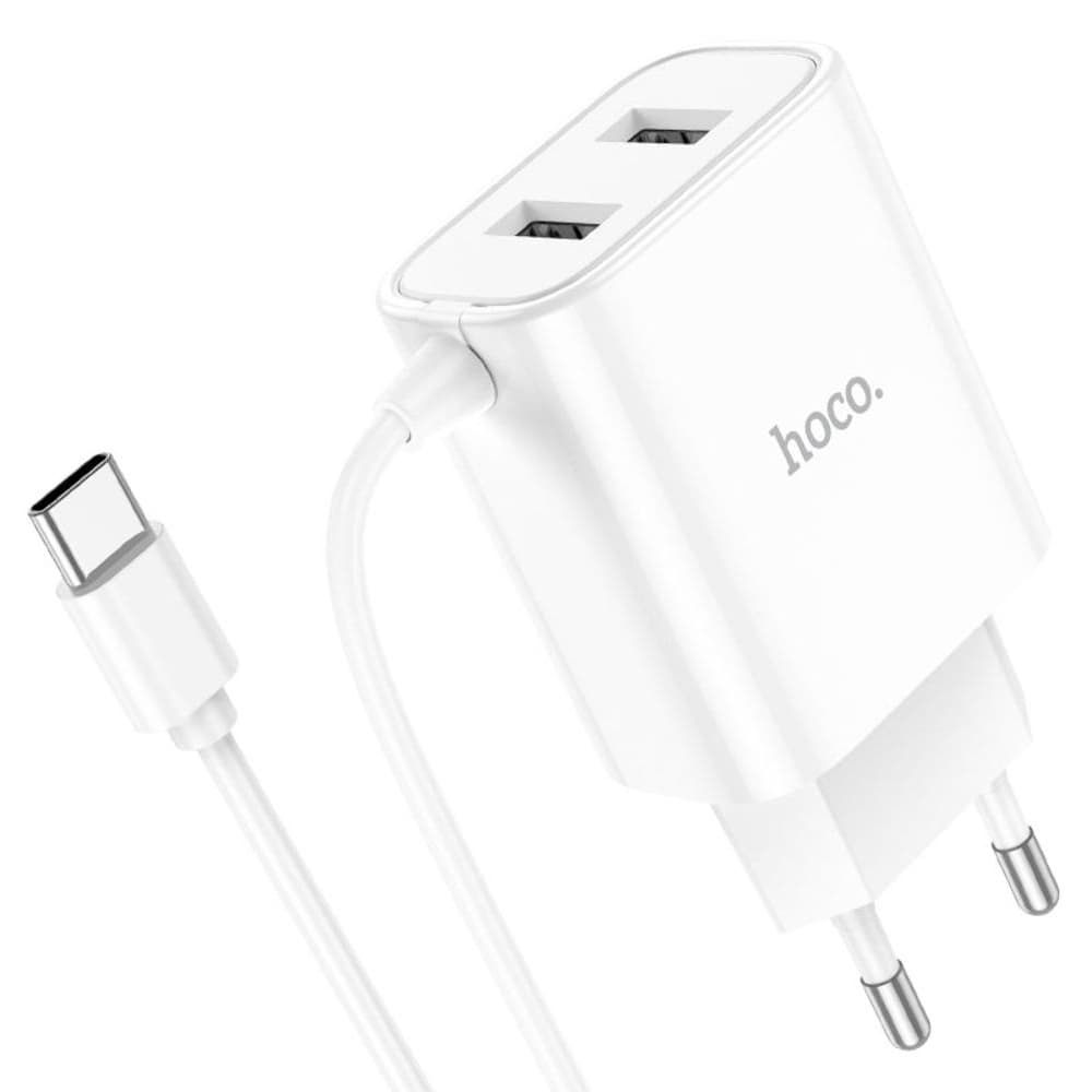 Сетевое зарядное устройство Hoco C103A, 2 USB, с кабелем USB Type-C, белое