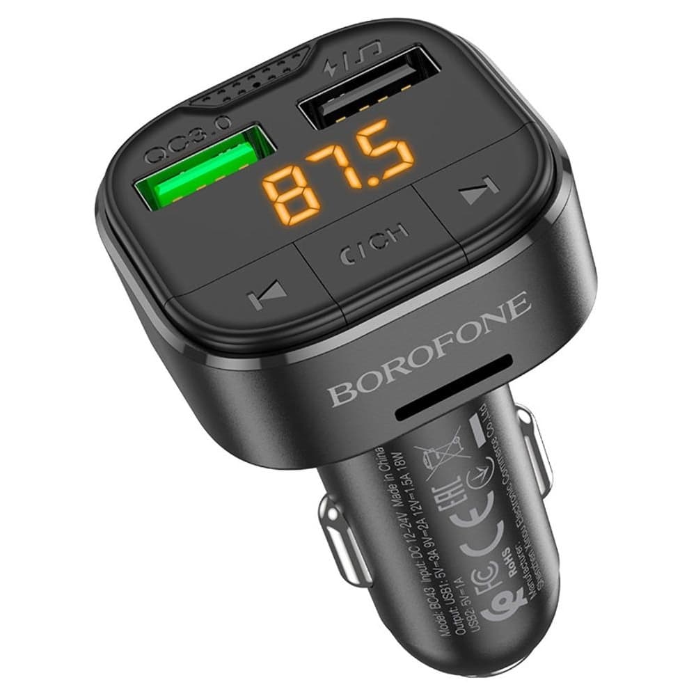 Автомобильний зарядний пристрій Borofone BC43 2 USB Quick Charge 3.0, черное с фунцкией FM-модулятора | зарядка, зарядное устройство