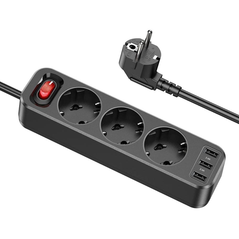 Сетевой удлинитель Hoco NS2, 3 розетки, 3 USB, 5 В, 2.4 А, 20 Вт, кабель 180 см, чорний