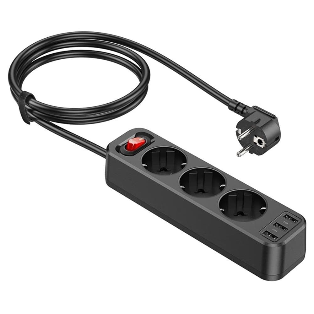 Сетевой удлинитель Hoco NS2, 3 розетки, 3 USB, 5 В, 2.4 А, 20 Вт, кабель 180 см, черный