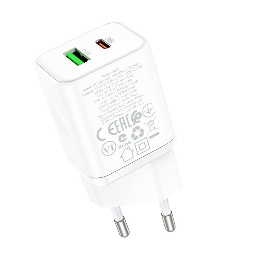 Сетевое зарядное устройство Borofone BN7, 1 USB, 1 USB Type-C, Quick Charge 3.0, Power Delivery (20 Вт), белое