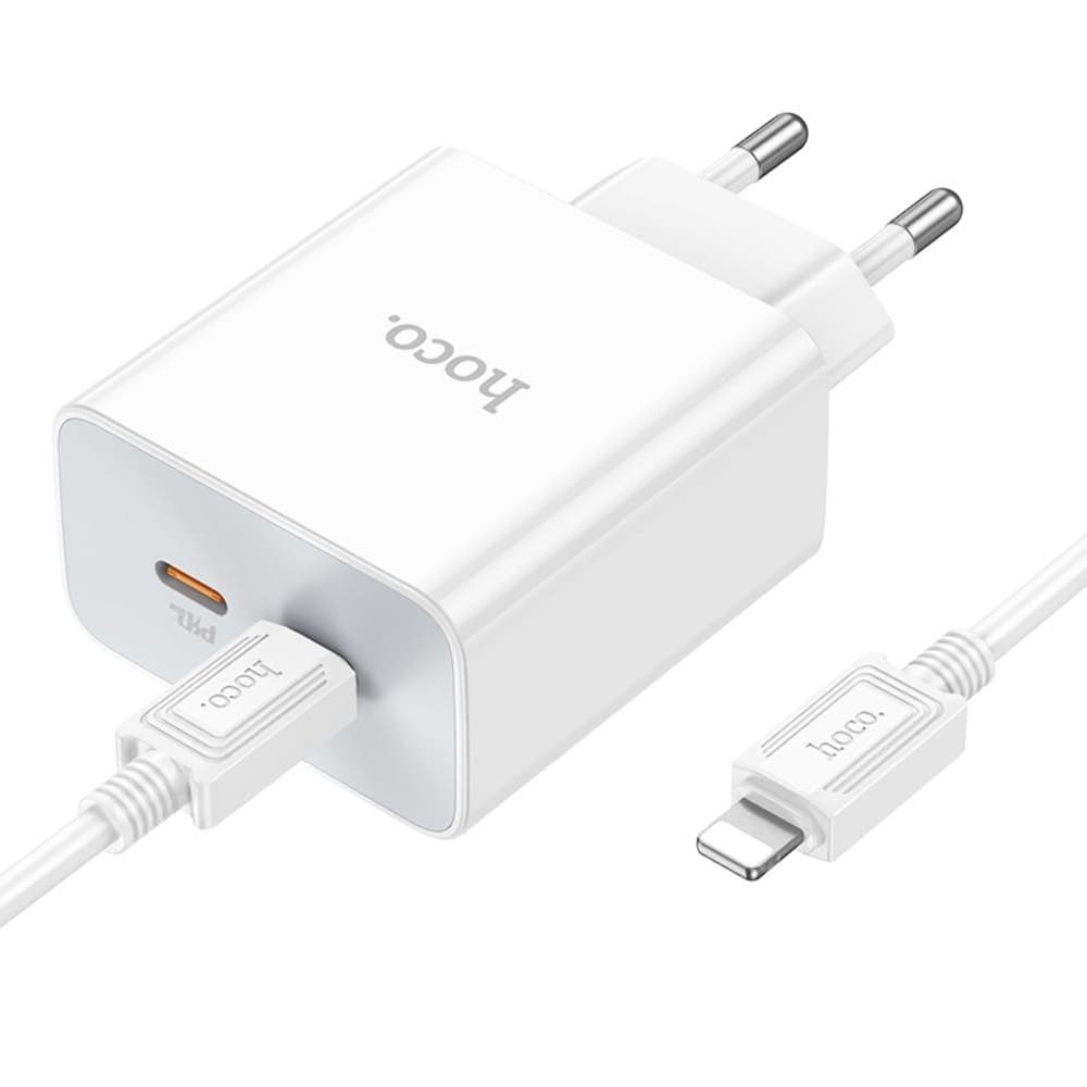 Сетевое зарядное устройство Hoco C108A, 2 USB Type-C, Power Delivery (35 Вт), кабель Type-C на Lightning, белое