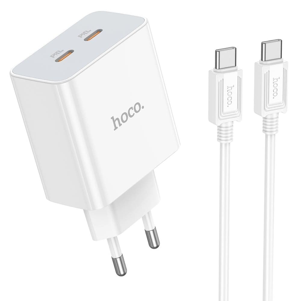 Сетевое зарядное устройство Hoco C108A, 2 USB Type-C, Power Delivery (35 Вт), кабель Type-C на Type-C, белое