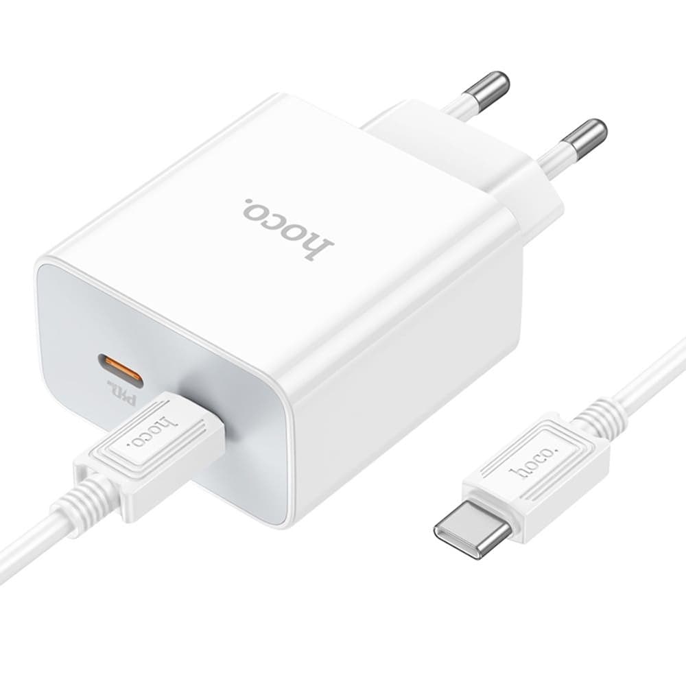Сетевое зарядное устройство Hoco C108A, 2 USB Type-C, Power Delivery (35 Вт), кабель Type-C на Type-C, белое