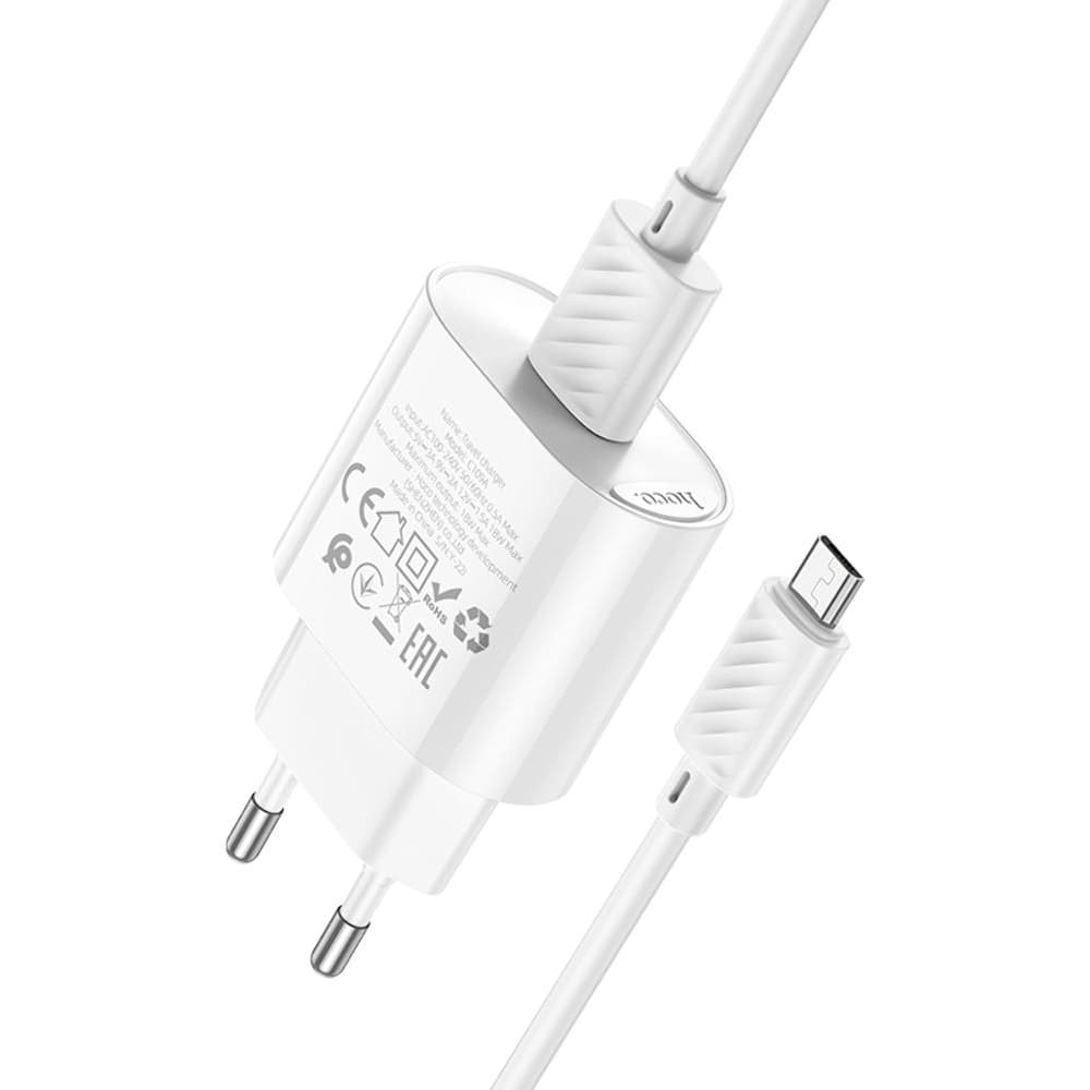 Сетевое зарядное устройство Hoco C109A, 1 USB, Quick Charge 3.0, 18 Вт, с кабелем Micro-USB, белое