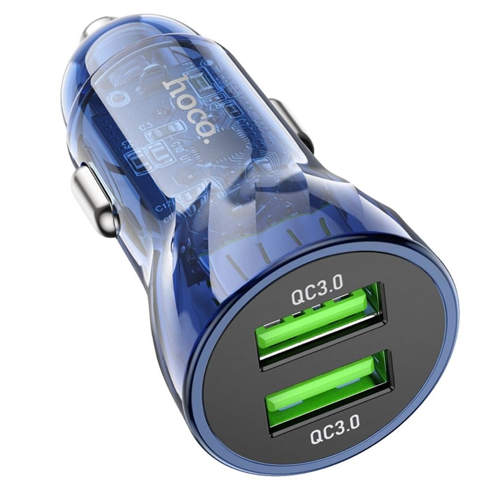 Автомобильний зарядний пристрій Hoco Z47, 2 USB, Quick Charge 3.0 (20 Вт), прозрачное, синее | зарядка, зарядное устройство