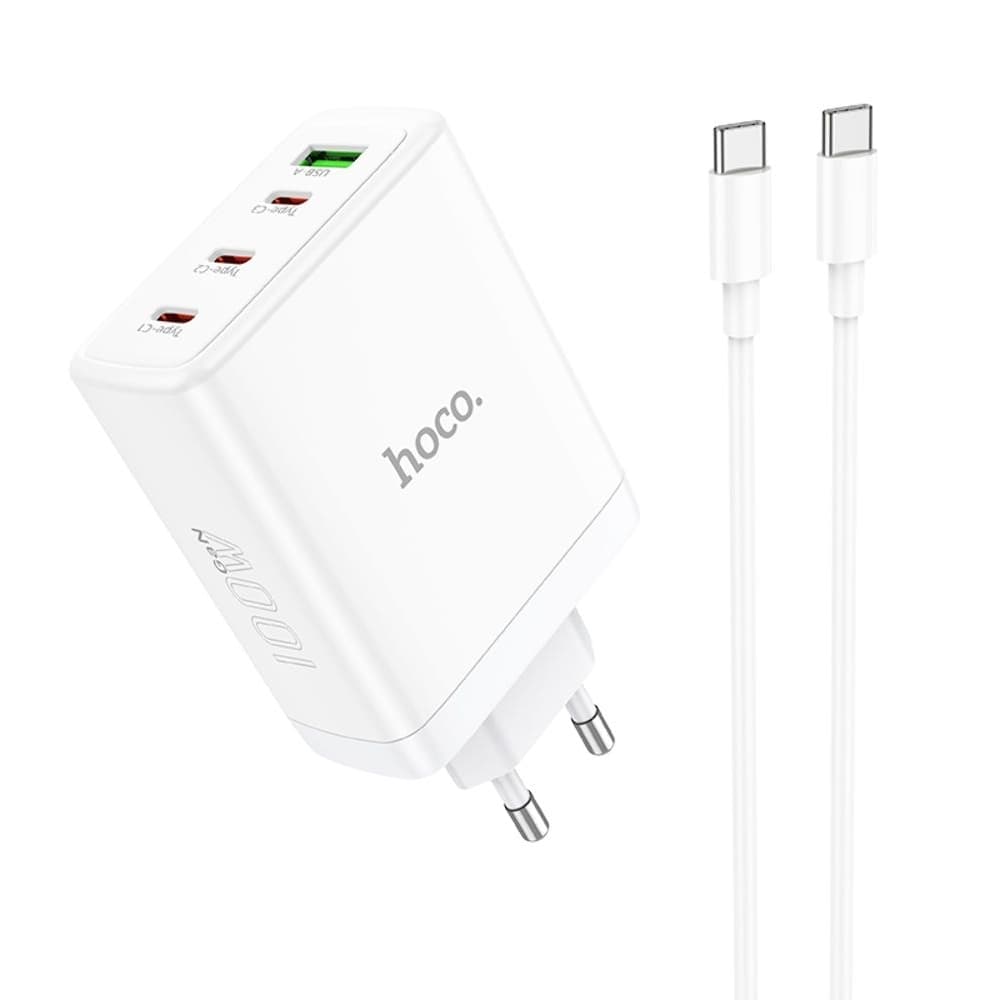 Сетевое зарядное устройство Hoco N31, 1 USB, 3 USB Type-C, Quick Charge, Power Delivery, 100 Вт, кабель Type-C на Type-C, белое