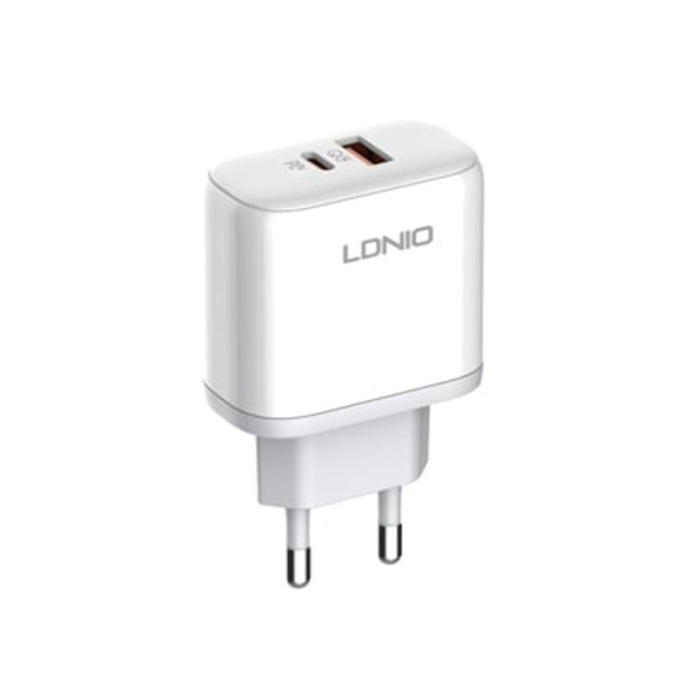 Сетевое зарядное устройство Ldnio A2526C, 1 USB, 1 Type-C, Quick Charge, Power Delivery (45 Вт), белое, с кабелем Type-C на Lightning