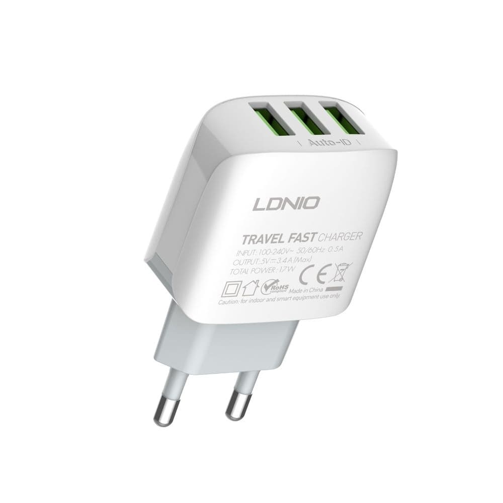 Сетевое зарядное устройство Ldnio A3312, 3 USB, белое, с кабелем USB на Type-C