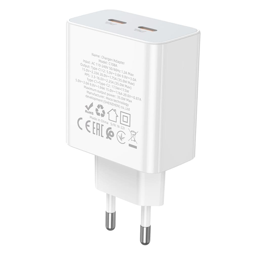 Сетевое зарядное устройство Hoco C108A, 2 USB Type-C, Power Delivery (35 Вт), белое