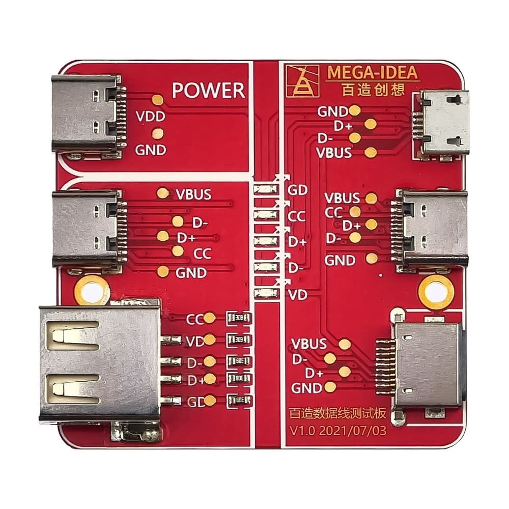 Тестовая плата Mega-Idea для проверки USB кабелей Lightning/ Type-C/ Micro