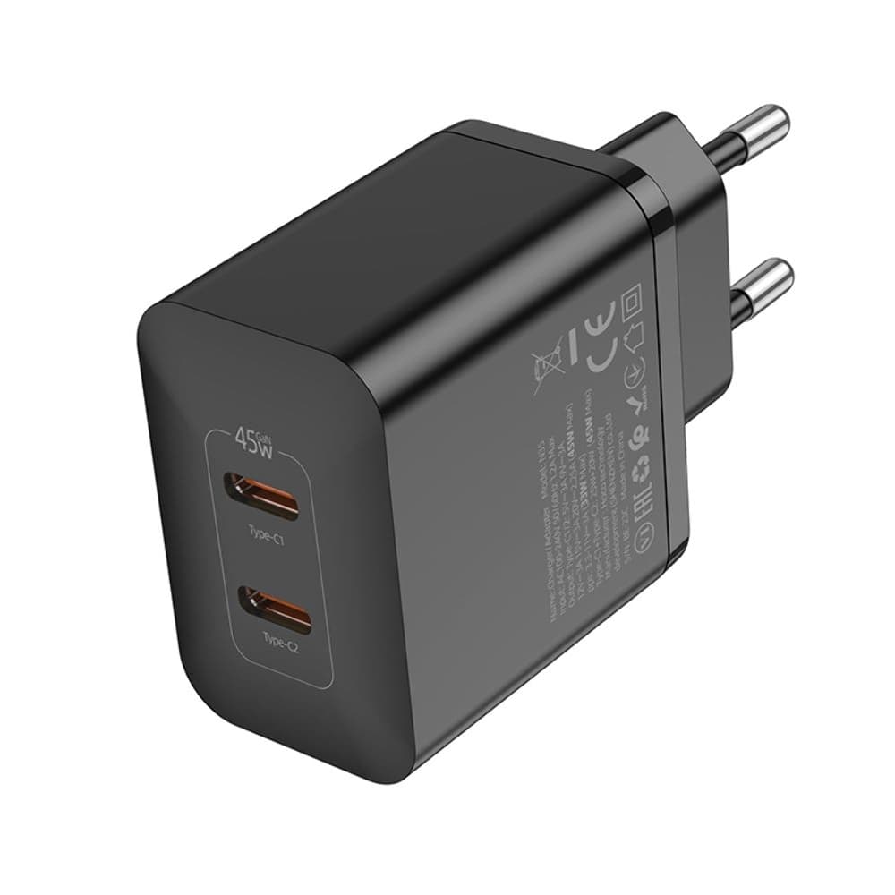 Сетевое зарядное устройство Hoco N35, 2 USB Type-C, Power Delivery (45 Вт), черное
