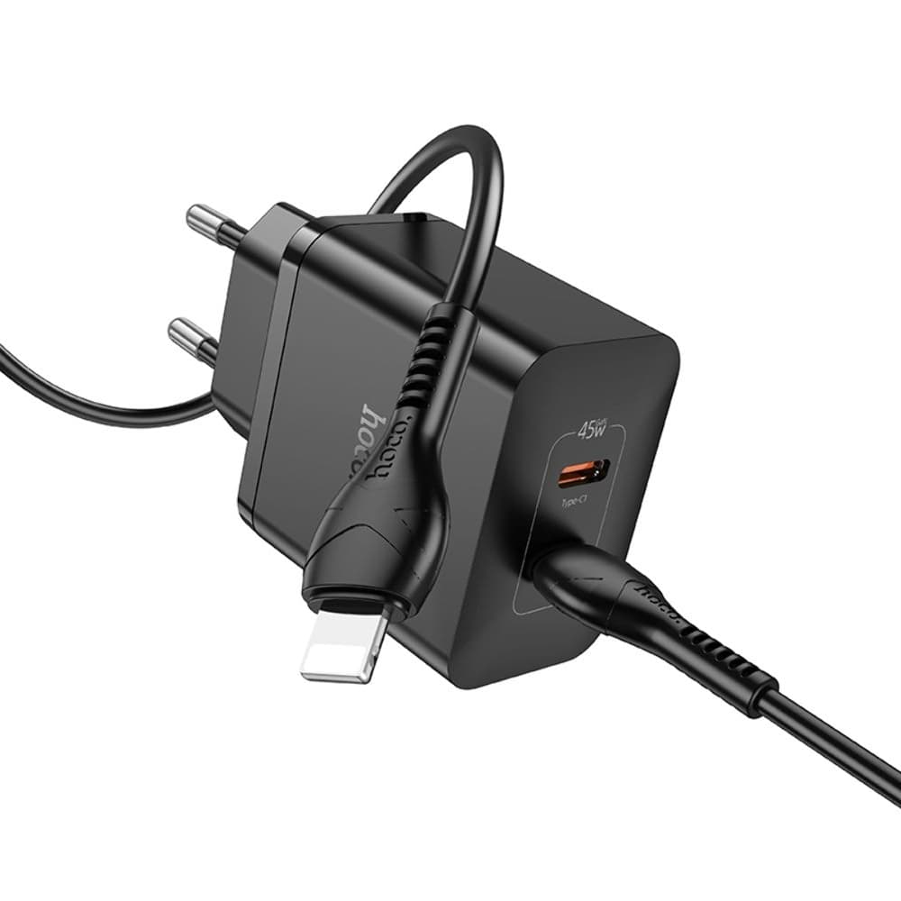 Сетевое зарядное устройство Hoco N35, 2 USB Type-C, Power Delivery (45 Вт), черное, с кабелем Type-C на Lightning