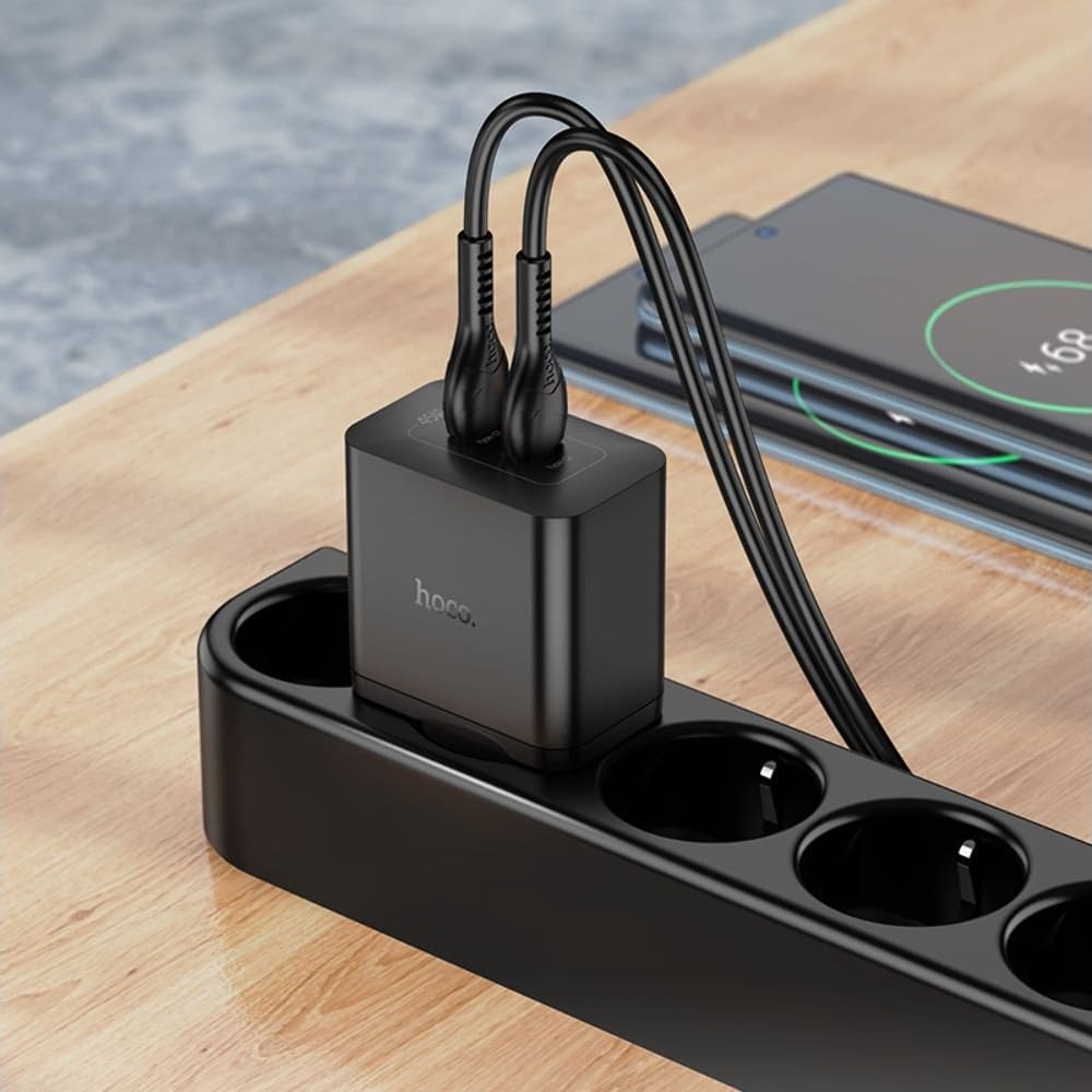 Сетевое зарядное устройство Hoco N35, 2 USB Type-C, Power Delivery (45 Вт), черное, с кабелем Type-C на Type-C