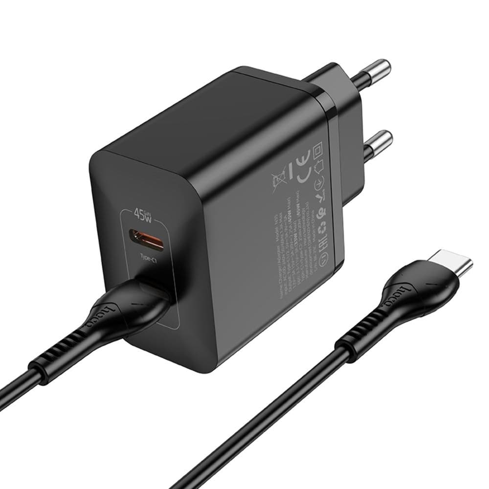 Сетевое зарядное устройство Hoco N35, 2 USB Type-C, Power Delivery (45 Вт), черное, с кабелем Type-C на Type-C