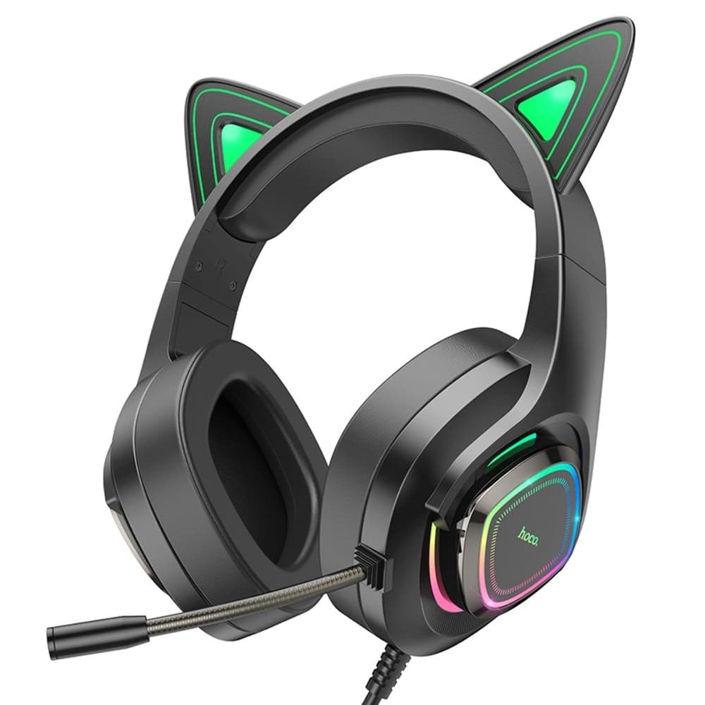 Наушники проводные полноразмерные Hoco W107 Сat ear, игровые, с микрофоном и подсветкой, зеленые