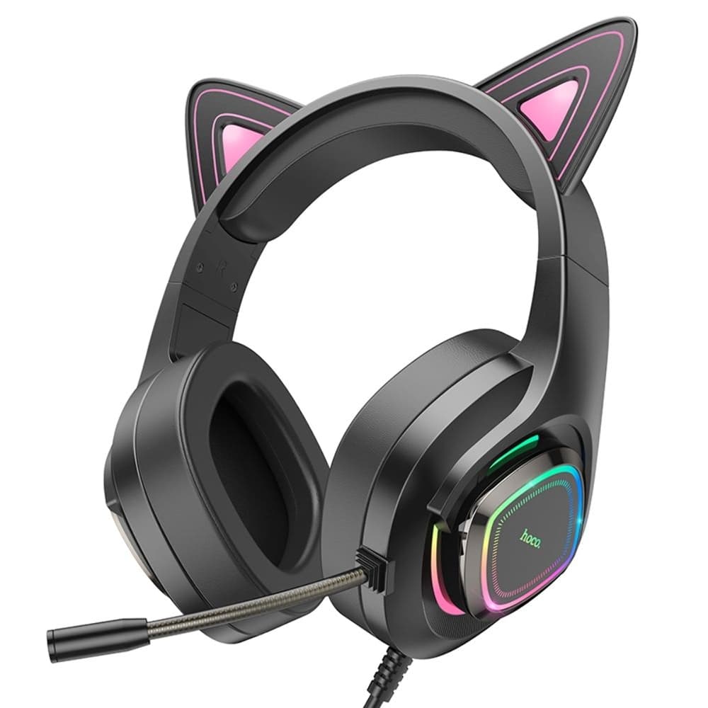 Наушники проводные полноразмерные Hoco W107 Сat ear, игровые, с микрофоном и подсветкой, розовые